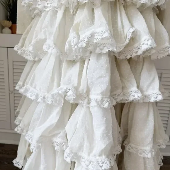 Vintage 50s Handmade Ivory Swiss Dot Lace Tiered Ruffle High Neck Dress Size S/6 - Picture 7 of 10